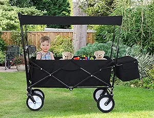 Collapsible Wagon Extra Large Wagons Carts Heavy Duty Foldable w/Removable Canopy & Cooler Bag,Beach Wagon with Big Wheels for Sand,Folding Wagon with Canopy for Kids Camping Picnic Outdoor (Black)