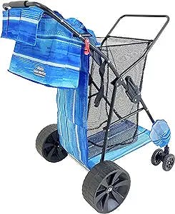Beach Cart Wagon Deluxe – Heavy Duty Folding Ocean Utility Cart – Large Sand Wheels – Holds 4 Beach Chairs – Storage Pouch - Beach Umbrella Holder –Removable Beach Bag - Striped Beach Blue