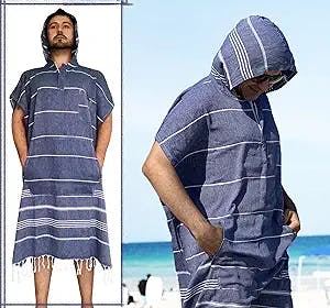 Aysesa Large Surf Poncho - Thin Turkish Cotton Beach Robe Hooded Wetsuit Changing Towel | Ultra Thin Quick Dry | Sandproof | 100% Turkish Cotton (Navy Blue, Poncho) (Navy, Surf Poncho)