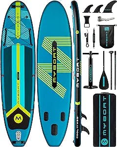 MYBOAT 11'×33"×6" Extra Wide Inflatable Paddle Board, Stand Up Paddle Board, Sup Board with Safety Handles, 3 Removable Fins, Backpack, Hand Pump, Strong Paddle, 5L Waterproof Bag, Safety Leash