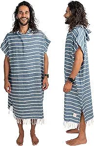 Nova Blue Surf Poncho – Navy & White Striped Surf Poncho Men – Large Adult Hooded Beach Towel Adult (33 x 44) – 100% Turkish Cotton Surf Towel Changing Robe for Surf Beach Pool and Swim