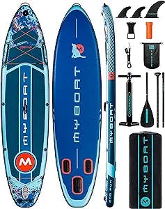 MYBOAT 11'6"×34"×6" Extra Wide Inflatable Paddle Board, Stand Up Paddle Board for Pets, Sup Board with Dog Pad, Multi-Functional Handle,3 Removable Fins, Dual Bungees, Camera Mount, Floating Paddle