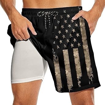 Partrest American Flag Men's Swim Trunks with Compression Liner USA Flag Swimming Trunks Board Shorts with Pocket Swim Shorts
