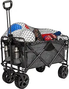 MacSports XL Heavy Duty Collapsible Outdoor Folding Wagon Camping Gear Grocery Cart Portable Lightweight Utility Cart Adjustable Rolling Cart All Terrain Sports Wagon Beach Wagon with Cargo Net