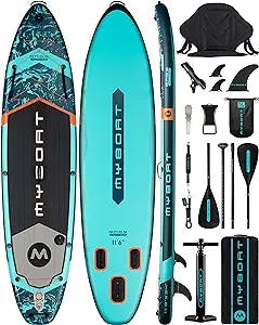 MYBOAT 11'6"×34"×6" Extra Wide Inflatable Paddle Board, Stand Up Paddle Board for Fishing, Sup Board with 3 Removable Fins, Dual Bungees, Camera Mount, Hand Pump, Strong Paddle, 5L Dry Bag, Leash